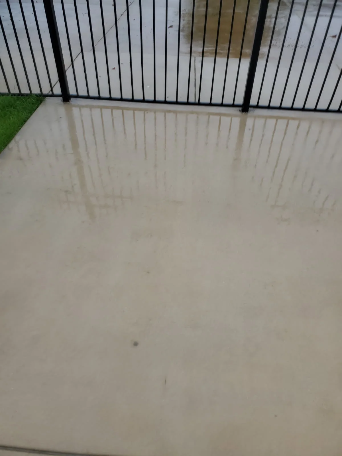 Clean concrete beside a black gate after washing