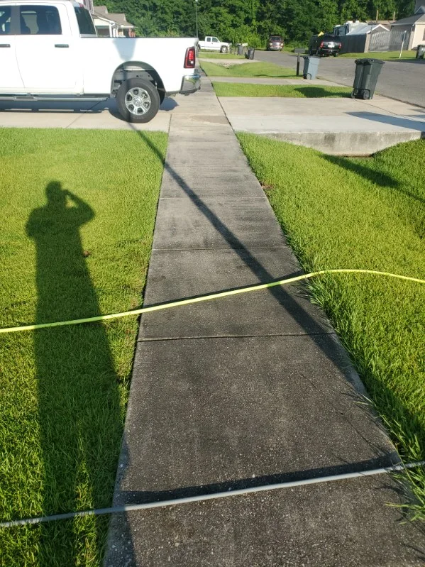 Dark buildup on a residential sidewalk before washing